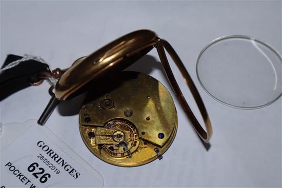 An 18ct gold open face pocket watch, on sash hung with a gold spade guinea(worn).